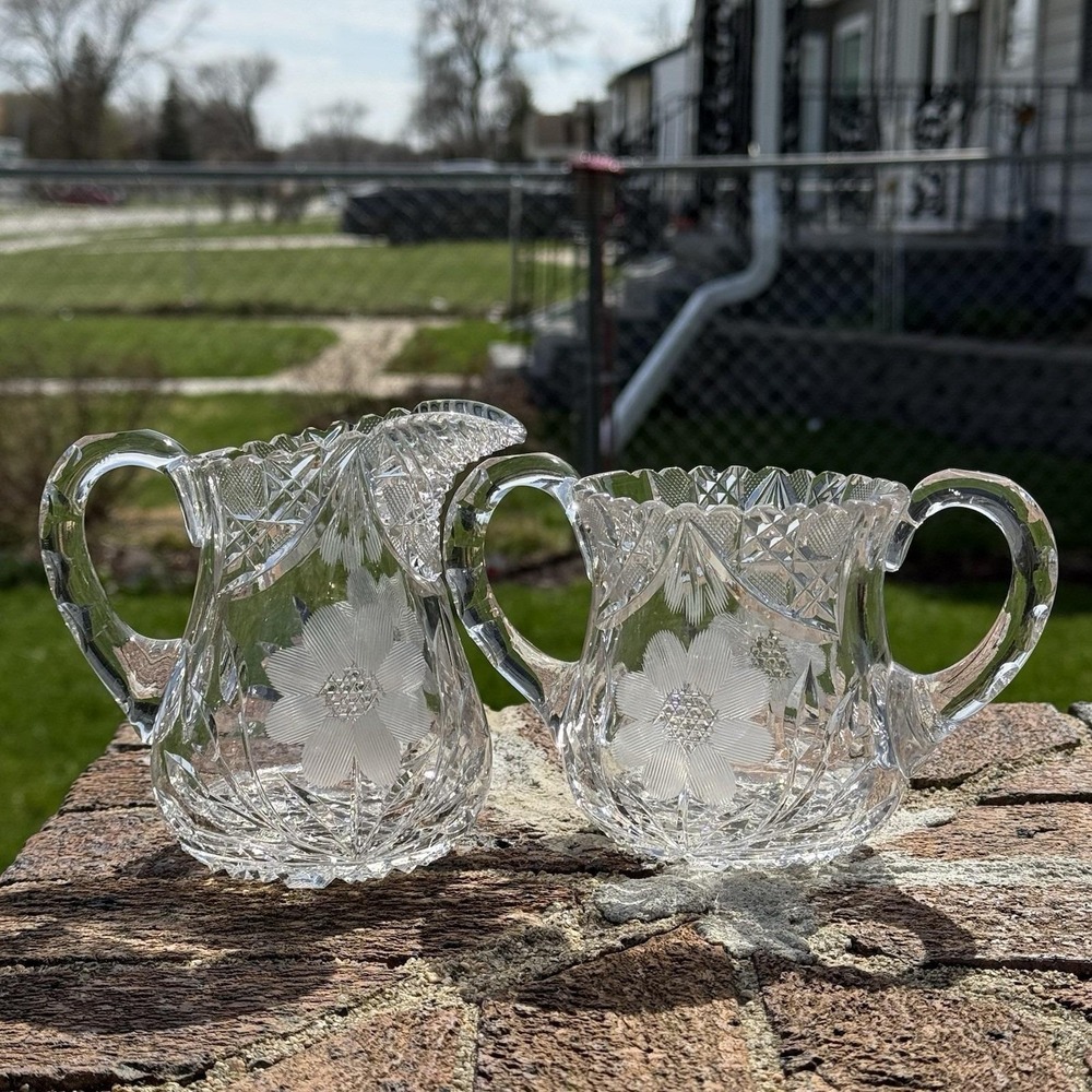 Vintage Cut Glass Creamer Sugar Set Floral Pattern Pressed Glass Pitcher